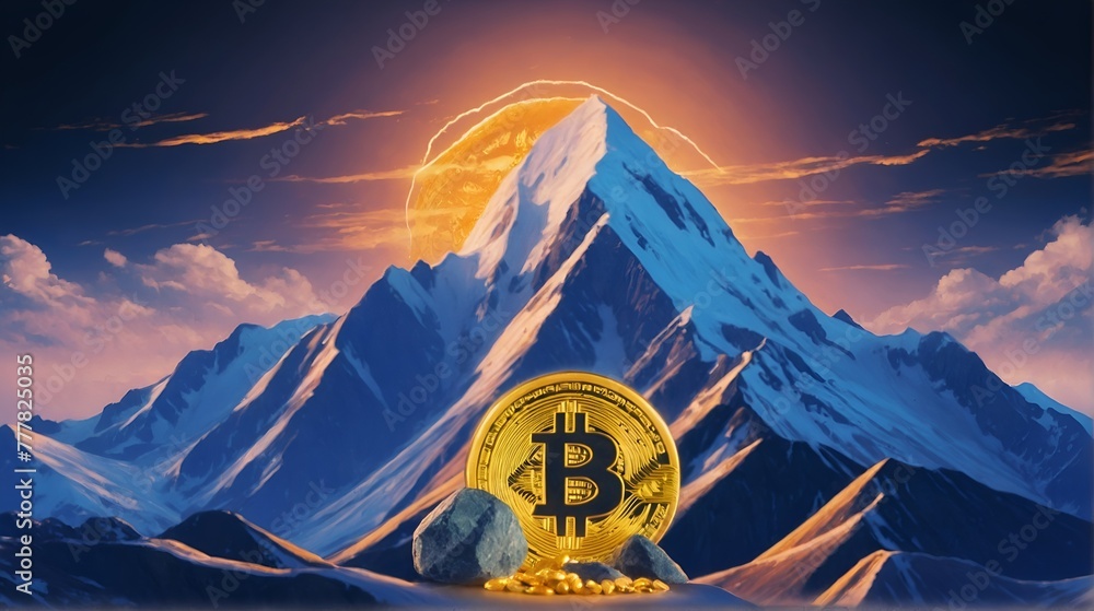 Bitcoin superimposed over a snowy mountain peak - obrazy, fototapety, plakaty 