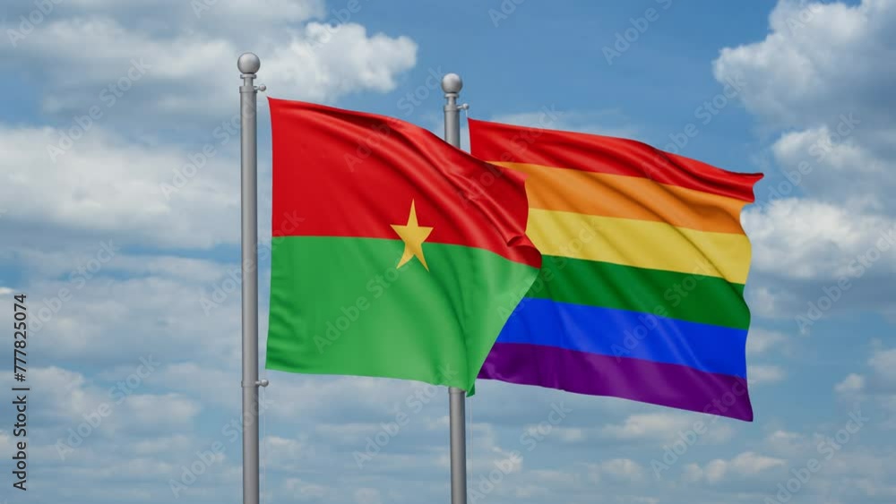 LGBT movement flag also Gay Pride and Burkina Faso two flags waving cycle looped video, tolerance conception in country
