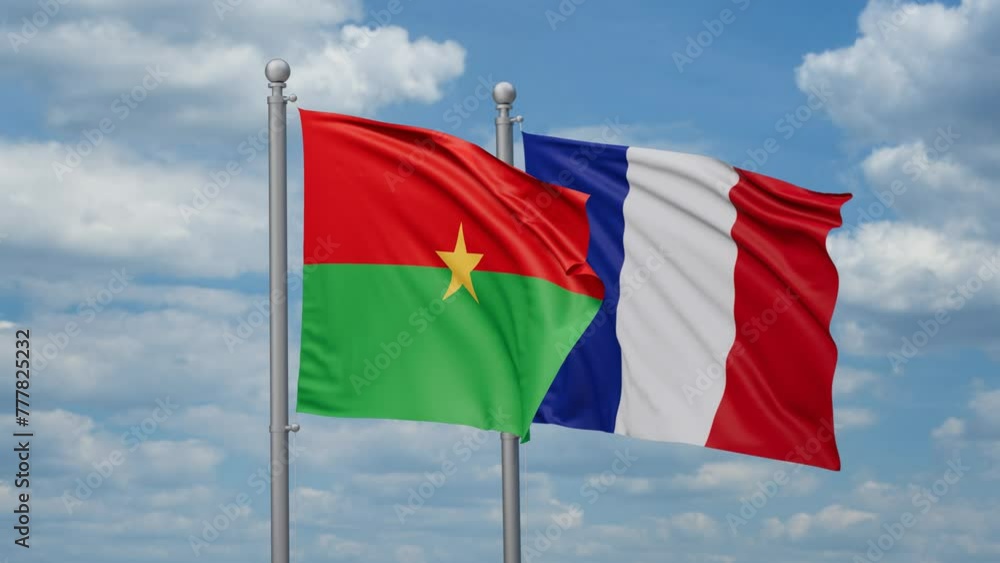 France and Burkina Faso flags waving together, looped video, two country relations concept France and Burkina Faso flags waving together, looped video, two country relations concept