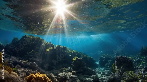 Underwater sunlight through water surface from a hole in a rocky ocean floor, natural scene