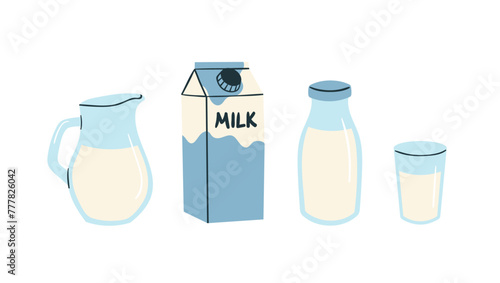 Vector illustration of milk. Bottle of milk, glass, package, jug