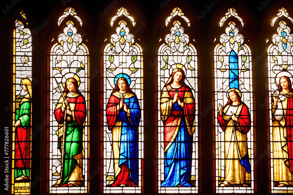 A stained glass window depicting a scene from the Bible.