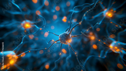 Abstract image of neural connections on blue background. Technological background for a design on the theme of artificial intelligence, big date, neural connections.
