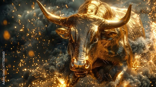Golden bull charging in sparks, market surge visual, photo