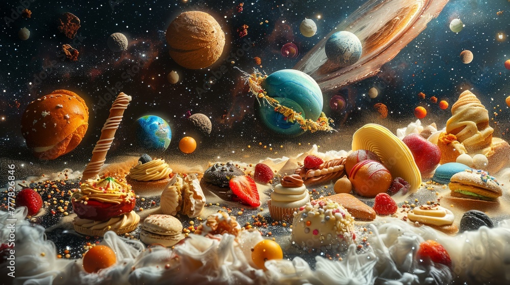 Gastronomy planet, assorted treats in zero-gravity,