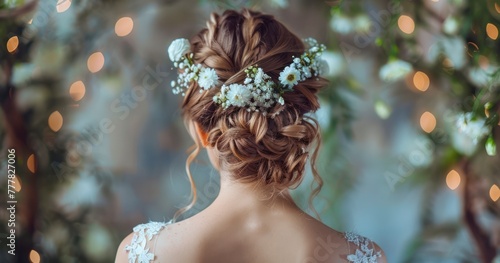 Back View of Bride Getting Hair Done with White Flowers for Wedding