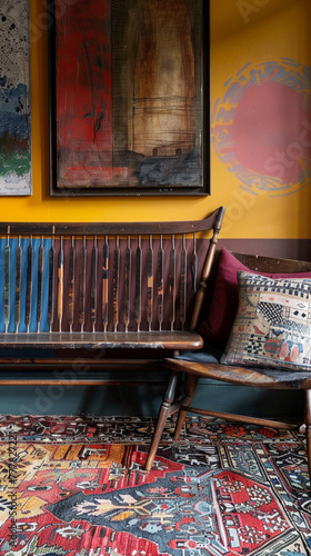 A unique eclectic entryway, where a traditional wooden bench meets modern abstract paintings and a vintage rug,