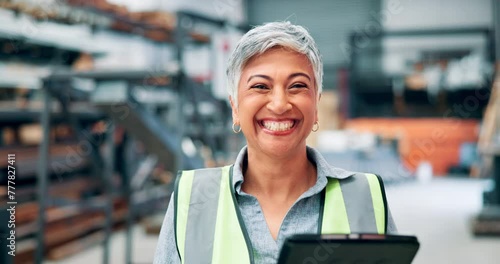 Woman, tablet or warehouse in logistics, safety or ecommerce as digital, administration or stock. Female employee, hi vis vest or tech in factory, manufacturing or production quality assurance photo