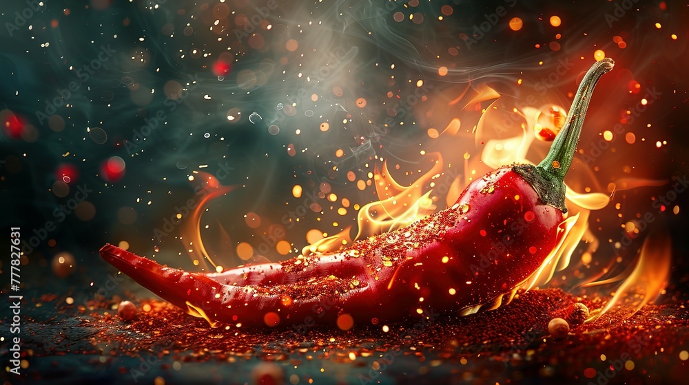 fresh hot red chili pepper on a black background, fiery hot seasoning - obrazy, fototapety, plakaty 