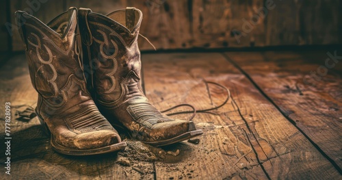 Pair of Old Leather Boots and Cowboy Hat on Wooden Floor © lander