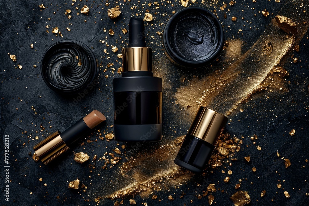 Chic cosmetic grace, black and gold skincare essentials