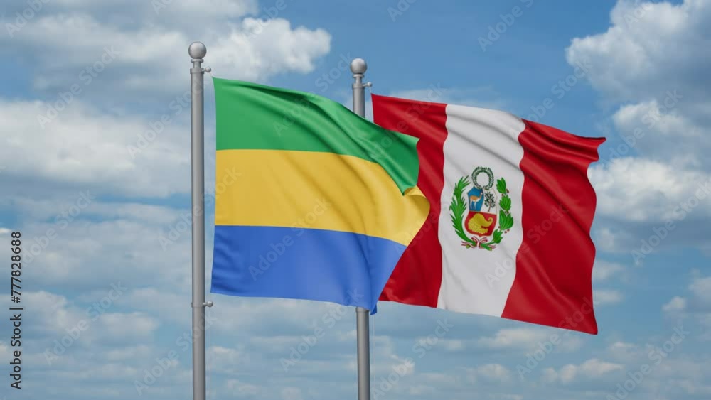 Peru and Gabon two flags waving together, looped video, two country cooperation concept Peru and Gabon two flags waving together, looped video, two country cooperation concept
