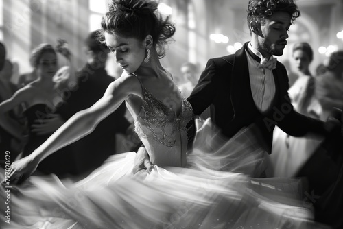 Black and white image capturing the dynamic movement of dancers at a ballroom event, their elegant attire flowing gracefully with every swift turn.

 photo