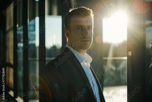 Professional man basked in sunset light looks on ambitiously, symbolizing growth and future success.

 photo