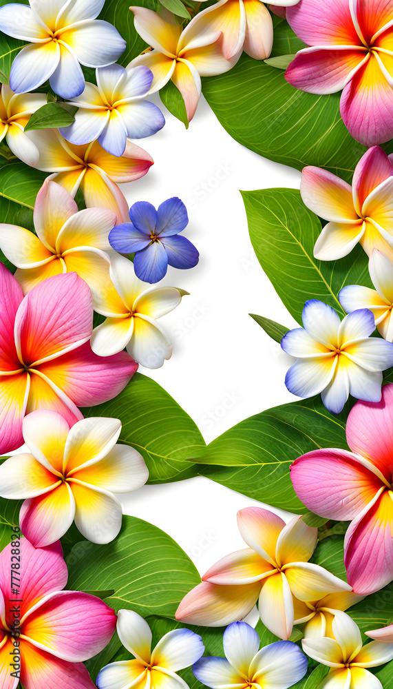 Beautiful close-up phone image of wet plumeria daisy cosmos and periwinkle flowers frame