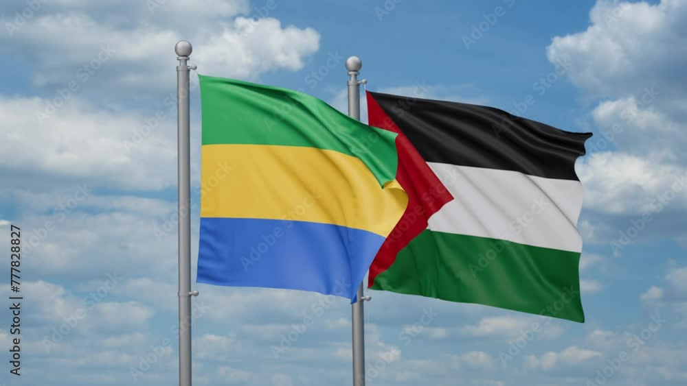 Palestine and Gaza Strip and Gabon two flags waving together on blue sky, looped video Palestine and Gaza Strip and Gabon two flags waving together on blue sky, looped video