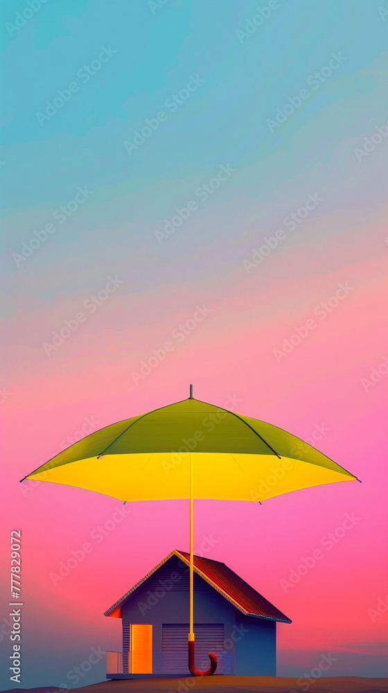 A vertical banner showing a minimalist house model under a neon yellow umbrella, against a gradient sky from twilight to night. 