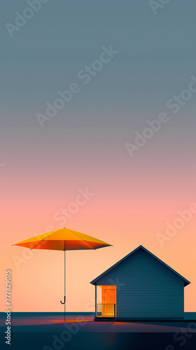 A vertical banner showing a minimalist house model under a neon yellow umbrella, against a gradient sky from twilight to night. 