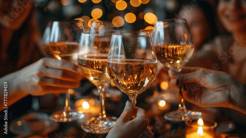 A group of wine glasses coming together in a toast. 