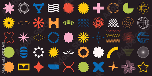 Collection of vector trending abstract shapes. Basic primitive figures spiral, star, flower, lines, circles, dots and more complex objects. Some elements have editable stroke for comfortable editing.