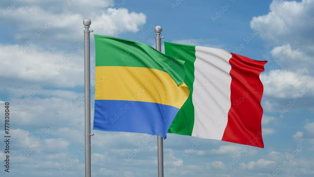 Italy and Gabon two flags waving together, looped video, two country cooperation concept Italy and Gabon two flags waving together, looped video, two country cooperation concept