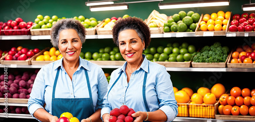 Two women standing in a grocery store aisle surrounded by various fruits and vegetables. (ID: 777830417)