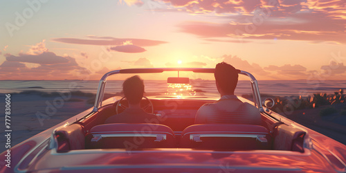 Couple girlfriend boyfriend together enjoying romantic dating ride road trip tour driving convertible car sunset sunlight traveling summer time holidays vacation outside beach and sunset background  photo