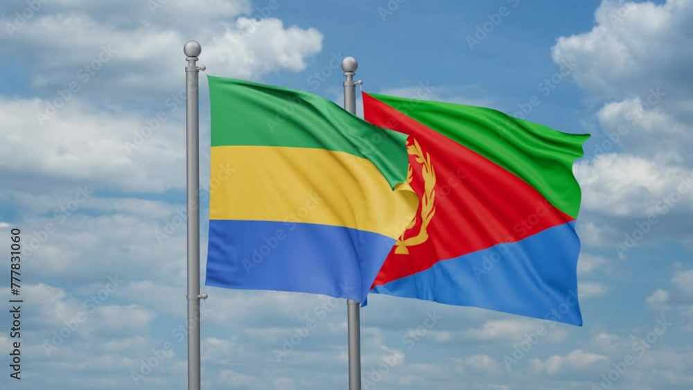 Eritrea and Gabon two flags waving together, looped video, two country cooperation concept Eritrea and Gabon two flags waving together, looped video, two country cooperation concept