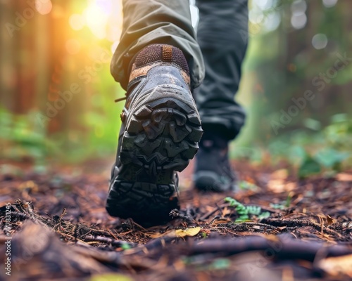 Business person walking in nature, close-up on shoes stepping on a forest path, digital detoxing