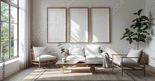 3D Render of Mockup Frame in Scandi-Boho Interior with Light Pastel Tones