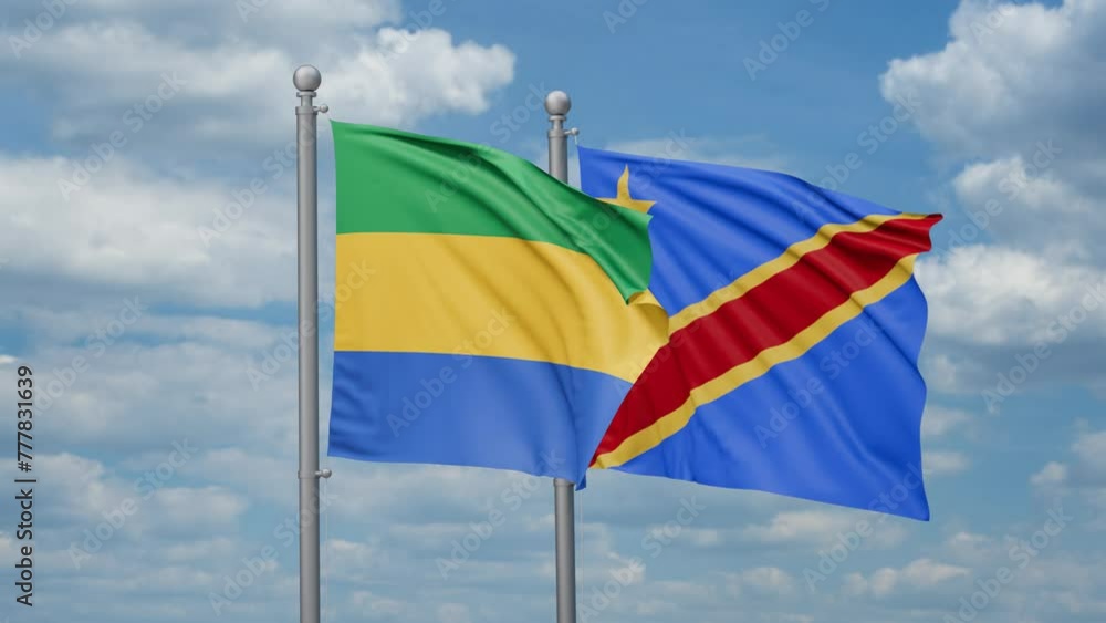 Democratic Republic of the Congo and Gabon two flags waving together, looped video, two country relations concept Democratic Republic of the Congo and Gabon two flags waving together, looped video, two country relations concept