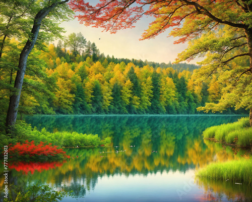 A serene lake surrounded by trees in autumn colors.