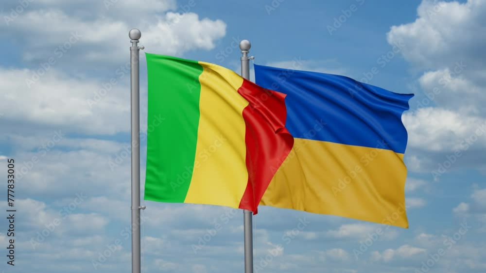 Ukraine and Mali two flags waving together, looped video, two country cooperation concept