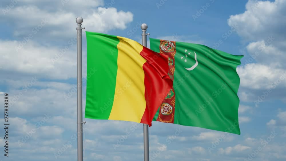 Turkmenistan and Mali two flags waving together, looped video, two country cooperation concept