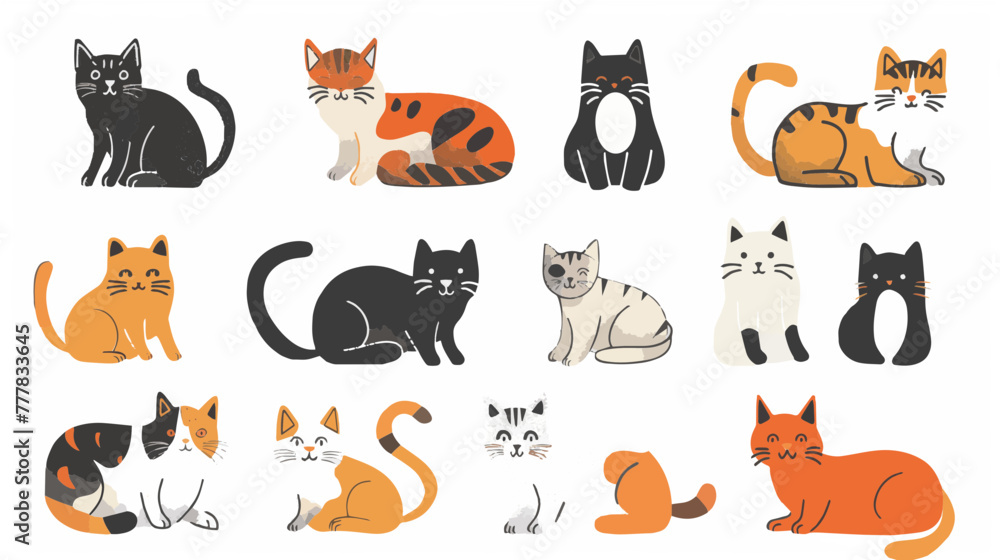 Hand drawn abstract cats, kitten, flat icons set. Color isolated illustrations. Hand drawn abstract cats, kitten, flat icons set. Color isolated illustrations.