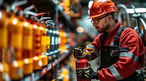 ire extinguisher has engineer checking with fire protection icons symbol to prepare fire equipment for prevention in emergency case and safety or rescue and alarm system training concept