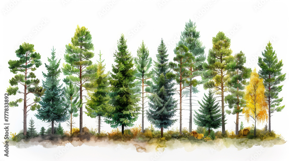 Green tree border. Forest foliage and coniferous plants in row. Mixed wood panorama with stylized fir, poplar trunks and crowns. Flat vector illustration of woodland isolated on white background.