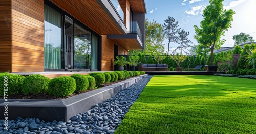 Wooden-Edged Contemporary Turf in Front Yard © lander