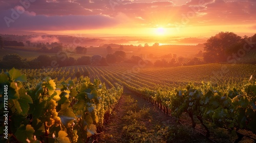 Scenic Sunrise Painting the Landscape of Bordeaux Wineyard © lander