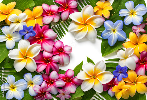 Beautiful close-up photo of fresh wet plumeria daisy cosmos and periwinkle flowers frame