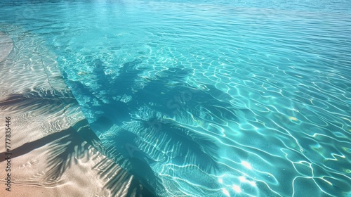 Clear blue water with the shadow of tropical palm trees. 
