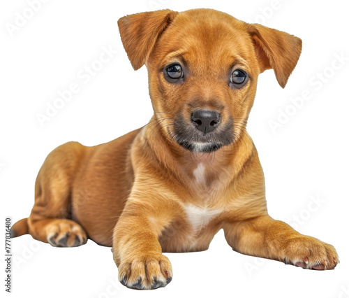 A small brown puppy is laying on its back with its head tilted to the side, cut out - stock png.
