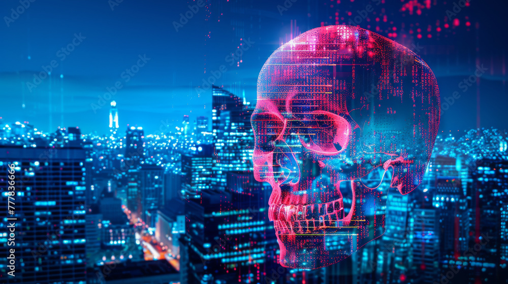 Abstract virtual code skull illustration on San Francisco skyline background. 