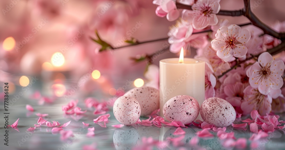 Minimalist Easter Bliss. White Candle, Pink Background, and Pastel Eggs Minimalist Easter Bliss. White Candle, Pink Background, and Pastel Eggs