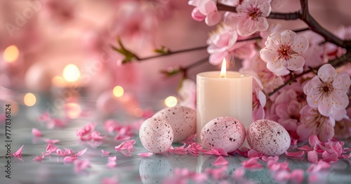 Minimalist Easter Bliss. White Candle  Pink Background  and Pastel Eggs