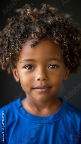 6 year old adorable African American with curly hair photoshoot, kicking a soccer ball,generative ai