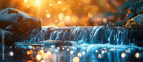 Tranquil Mountain Stream Bokeh Blur A Serene Backdrop of Natures Purest Elements photo