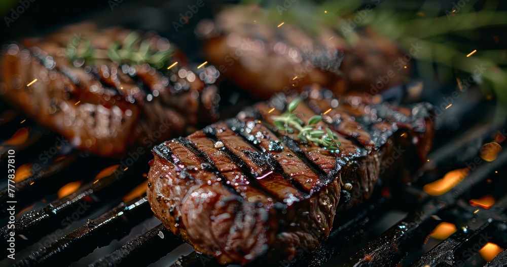 Premium Beef Steaks Grilling to Mouthwatering Perfection - obrazy, fototapety, plakaty 