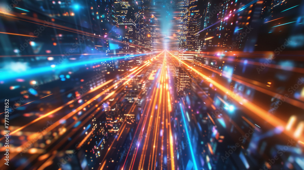 Abstract speed light flow through the city with gradient and aesthetic Intricate lighting design Smart city and big data connection technology concept. Abstract speed light flow through the city with gradient and aesthetic Intricate lighting design Smart city and big data connection technology concept.