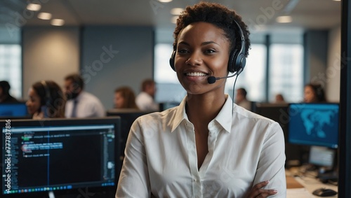 African woman, call center agent or smile with voip for consulting, listening or contact us in office, Female consultant, customer service or tech support crm with headphones, microphone or help desk photo